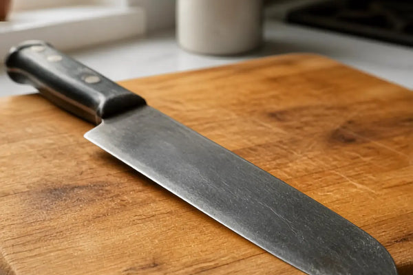 Couteau de cuisine émoussé sur planche en bois