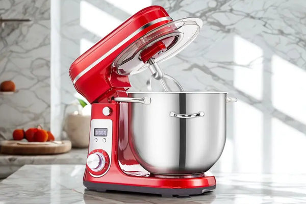 Robot pâtissier rouge sur fond blanc marbré