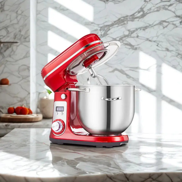 Robot pâtissier rouge sur fond blanc marbré