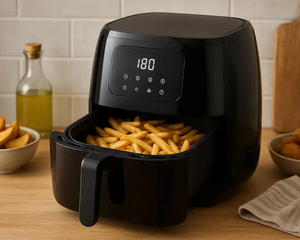 Air fryer et frites sur support en bois