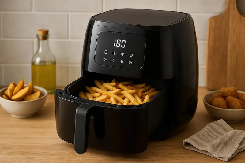 Air fryer et frites sur support en bois