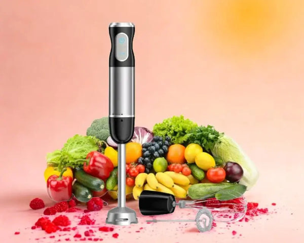 Mixeur et fruits sur fond rose et orange