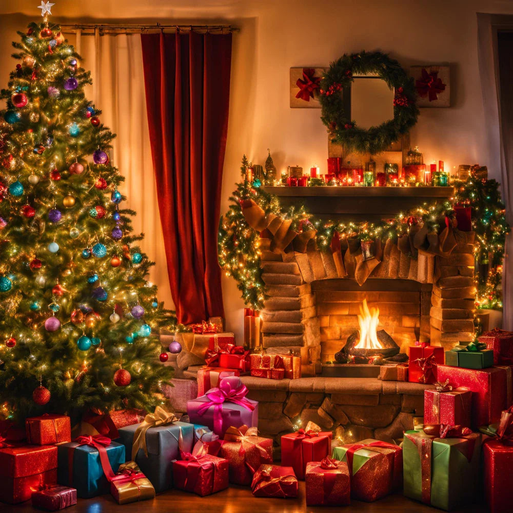 Pièce de Noël avec sapin, décorations et cadeaux au pied et devant la cheminée