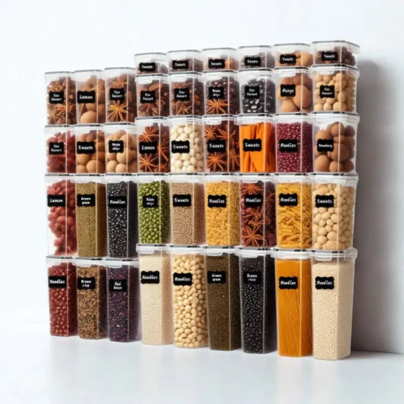 Boites de rangement pour produits secs remplies sur fond blanc