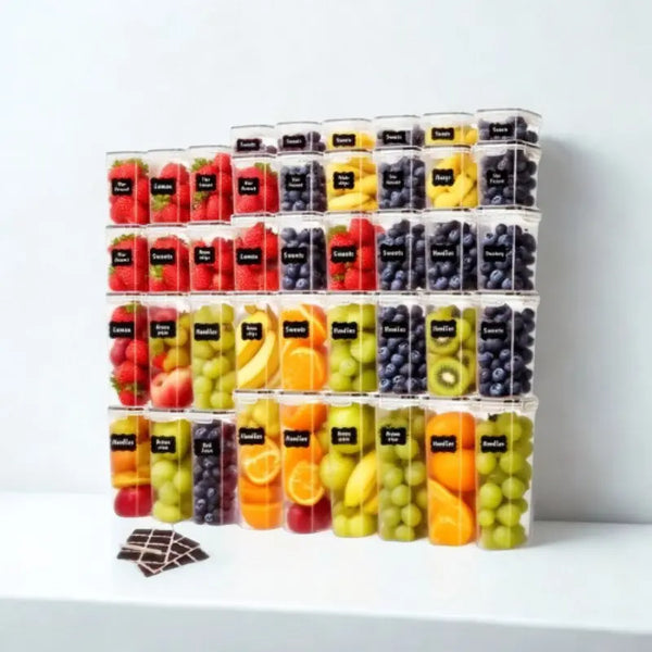 Boites de rangement remplies de fruits sur fond blanc