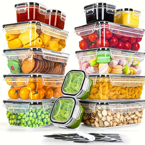 Boites hermétiques remplies, sur fond blanc 