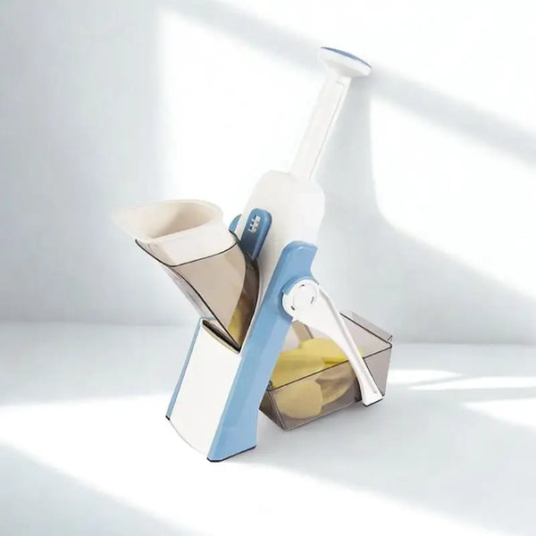 Coupe-légume blanc et bleu sur fond blanc