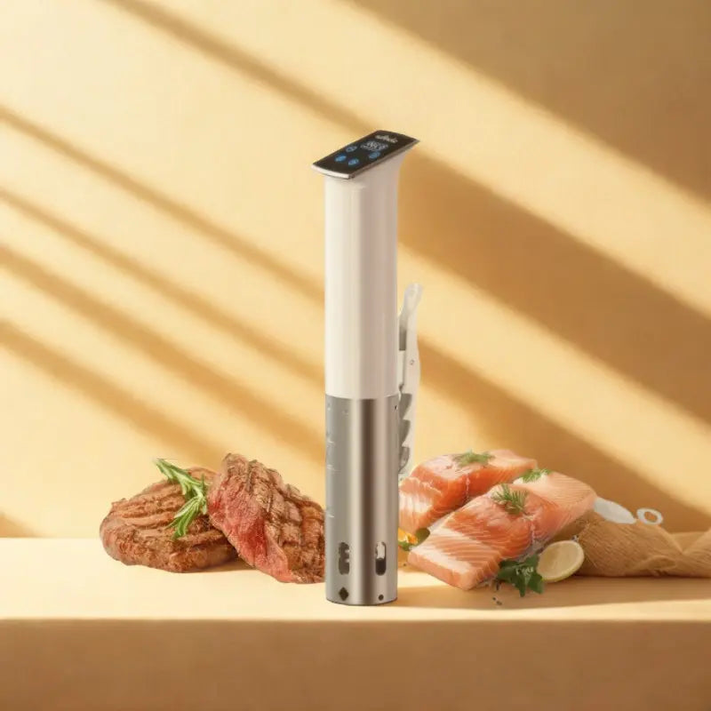 Cuiseur sous vide blanc sur fond  beige