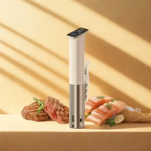 Cuiseur sous vide blanc sur fond  beige