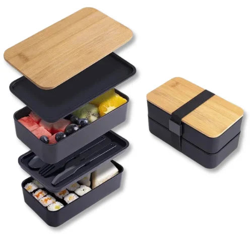 Lunch Box 2 étages, noire sur fond blanc