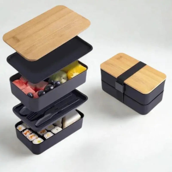 Lunch Box 2 étages, noire sur fond blanc
