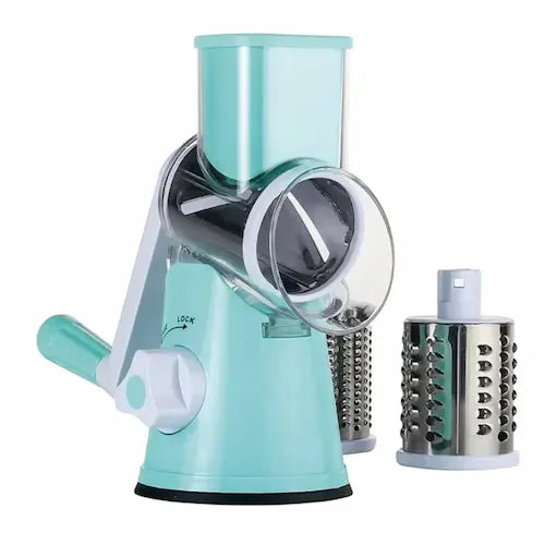 Mandoline a manivelle bleue sûr fond blanc