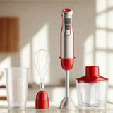 Mixeur 4 en 1 rouge et gris sur fond blanc