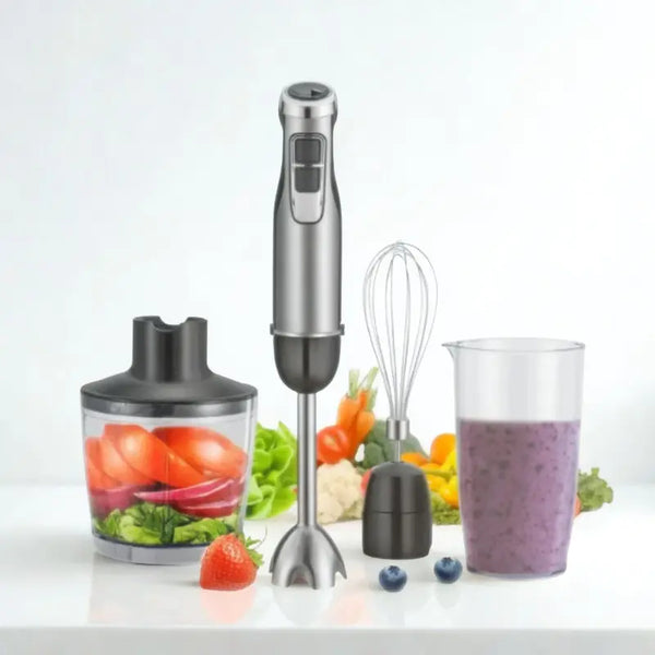 Mixeur 4 en 1 noir et gris sur fond blanc