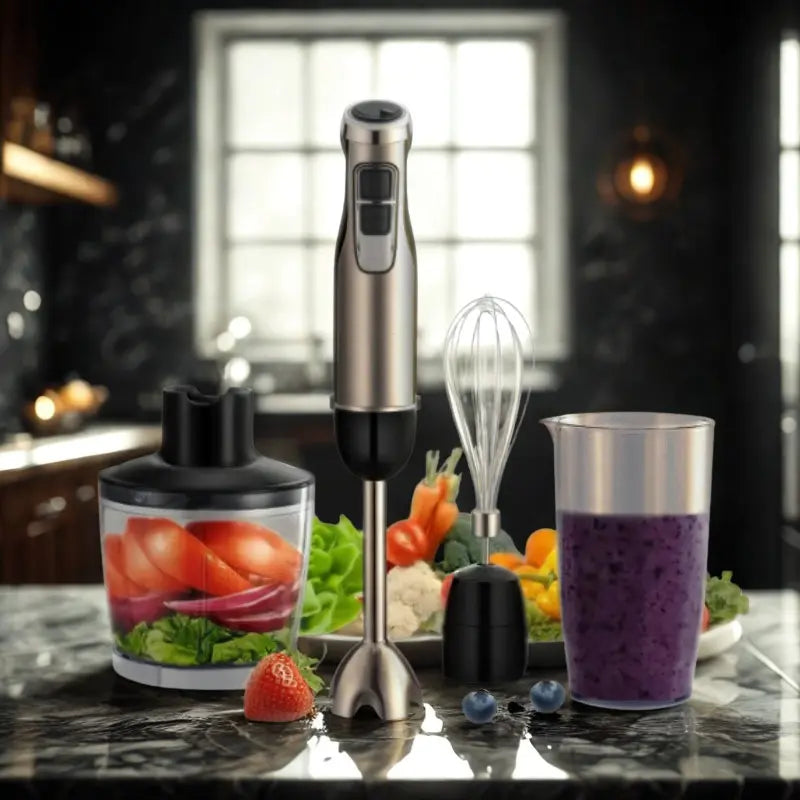 Mixeur 4 en 1 rouge et gris, légumes et fruits sur marbre noir