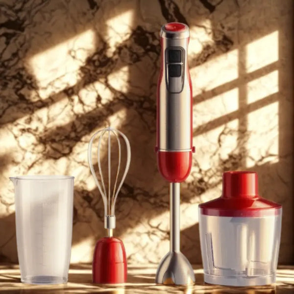 Mixeur 4 en 1 rouge et gris sur fond marbré