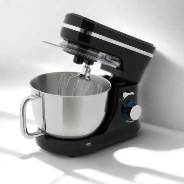 Robot patissier noir sur fond blanc 