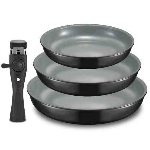 Set de 3 poêles amovibles noires et grises sur fond blanc