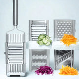 Mandoline en inox sûr fond blanc avec 4 lames