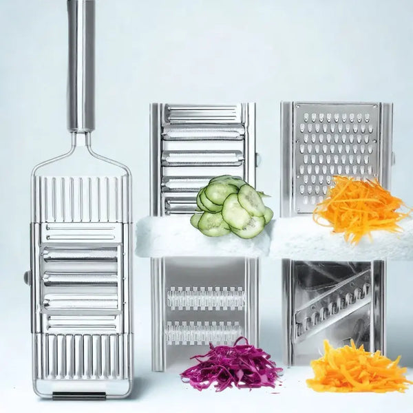 Mandoline en inox sûr fond blanc avec 4 lames