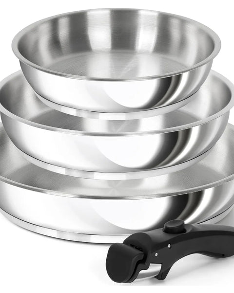 Poêles Inox 18/10 à Poignée Amovible – Lot 20/24/28 cm