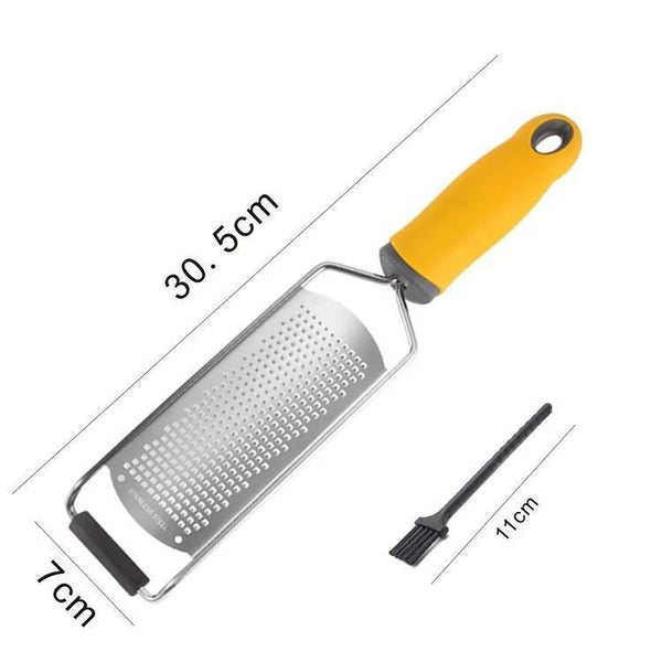 Râpe Multifonction en Acier Inoxydable avec manche jaune avec dimensions sûr fond blanc