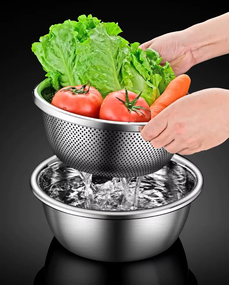 2-in-1 Colander + Salad Bowl Set - All Stainless Steel