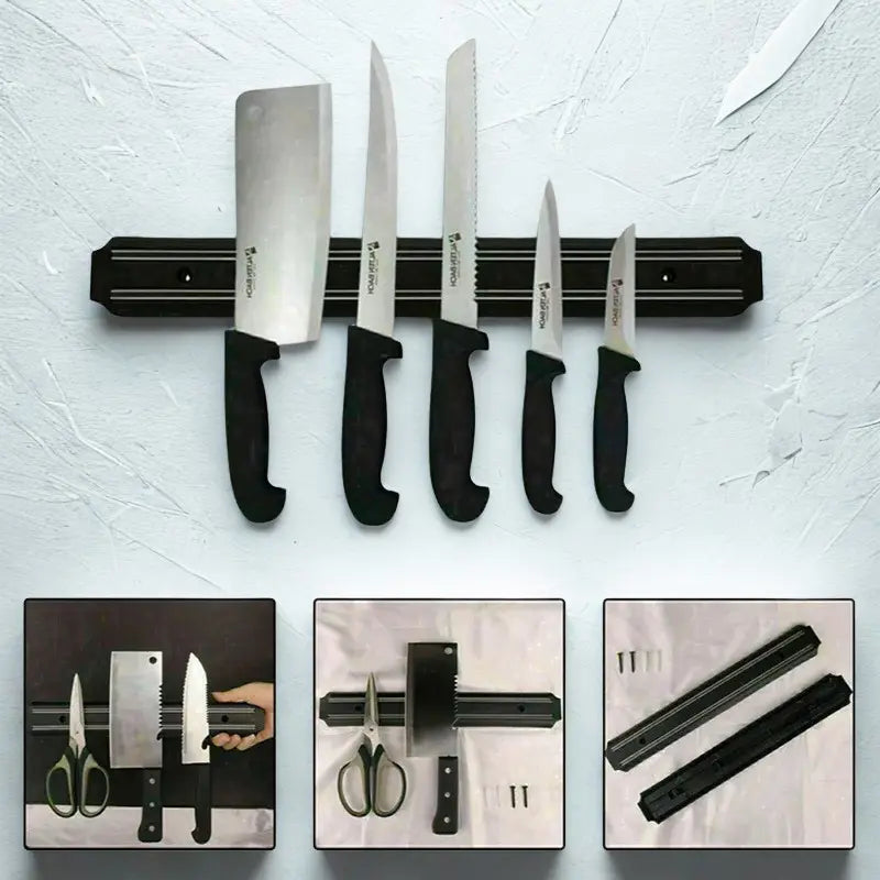 Barre aimantée et couteaux sur fond blanc
