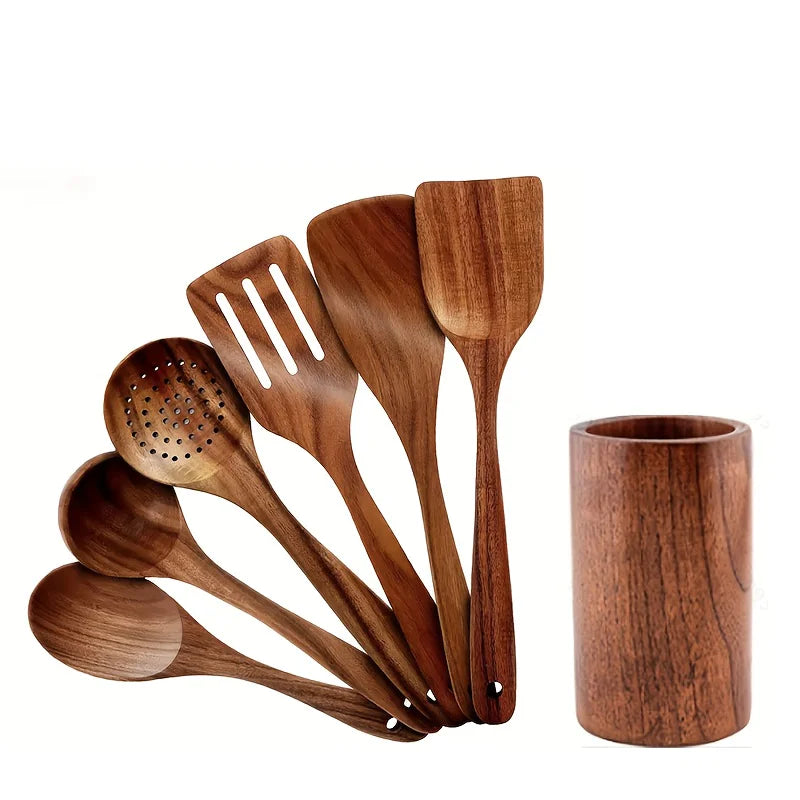 Wooden Kitchen Utensil Set with Storage – 7 Pieces