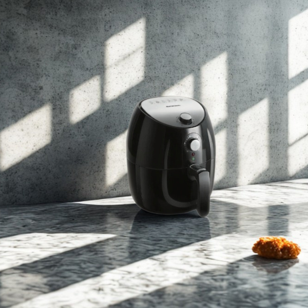 Air fryer et nugget sur fond gris