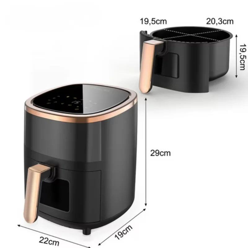 Air fryer noir sur fond blanc avec dimensions