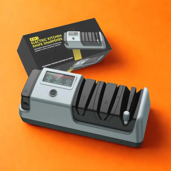 Aiguiseur électrique et sa boîte sur fond orange