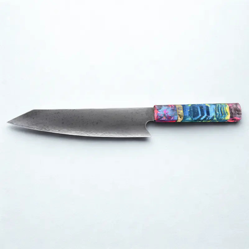 Couteau damas, manche bleu et violet sur fond blanc