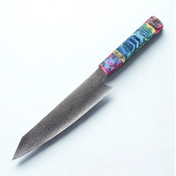Couteau damas, manche bleu et violet sur fond blanc