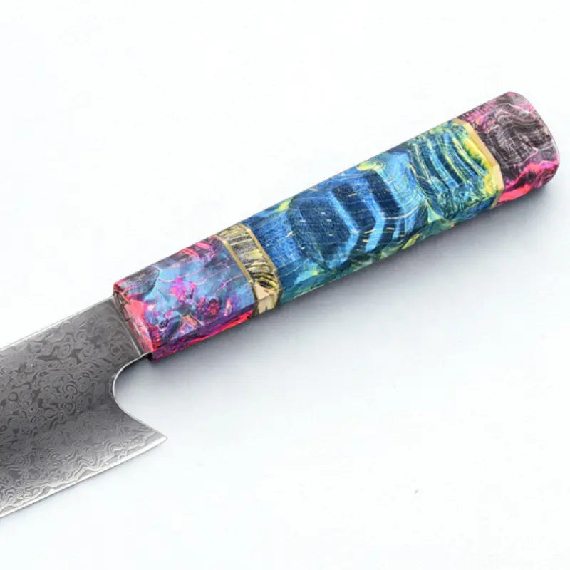 Couteau damas, manche bleu et violet sur fond blanc
