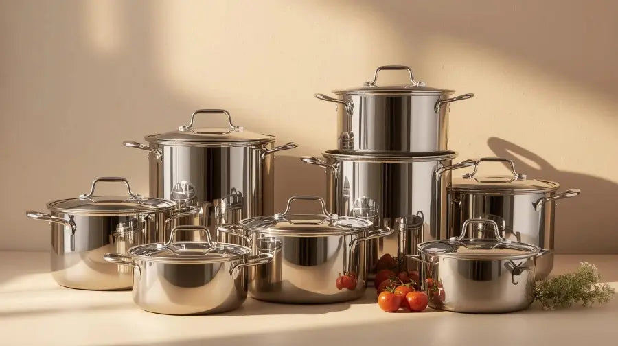 Poêles et casseroles en inox sous lumière chaude sur fond beige