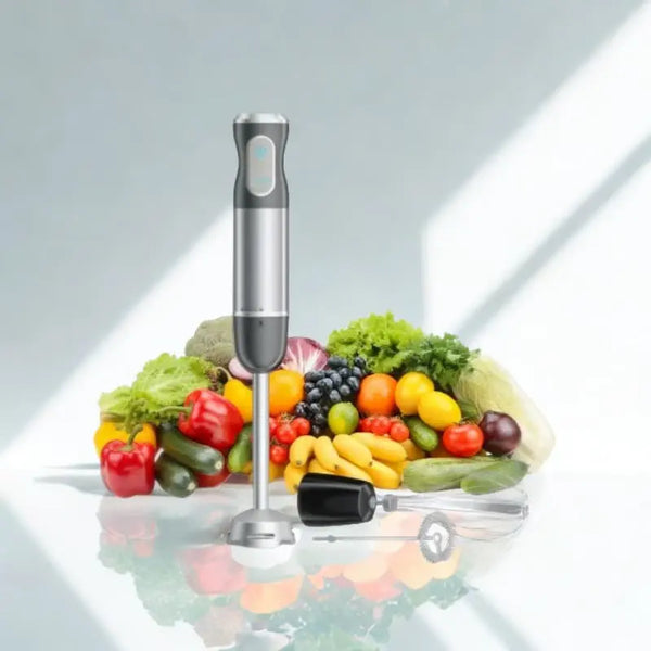 Mixeur et fruits sur fond blanc 