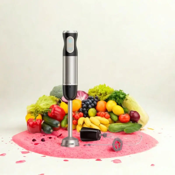 Mixeur et fruits sur fond blanc et smoothie éparpillé 