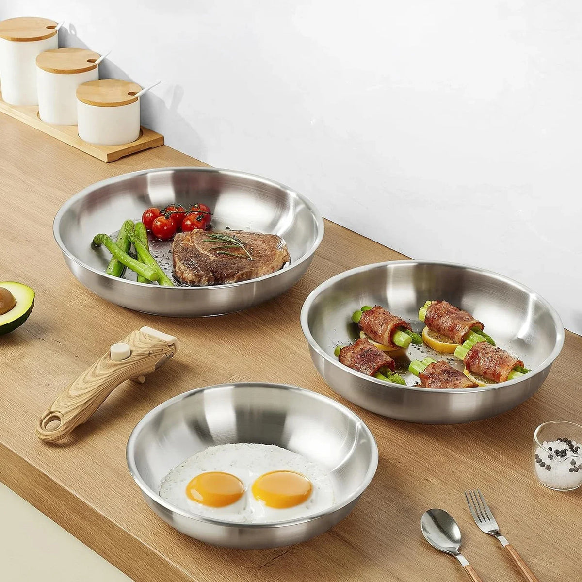 Poêles Inox Amovibles Série Bois – Lot 20/24/28 cm